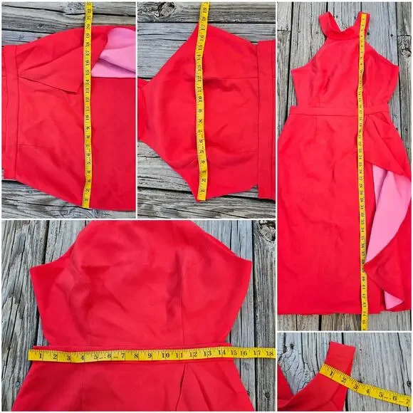 Cut Out Halter Dress BCBGMaxAzria Maryssa Size 10 Red/Orange Pink Stretch Ruffle - Picture 9 of 11